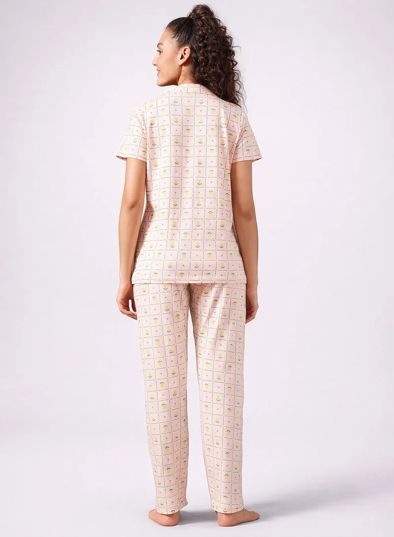 Clovia Orange Printed Button-Down Shirt & Pyjama Set in Peach Colour - 100% Cotton for Women | Best Price UAE